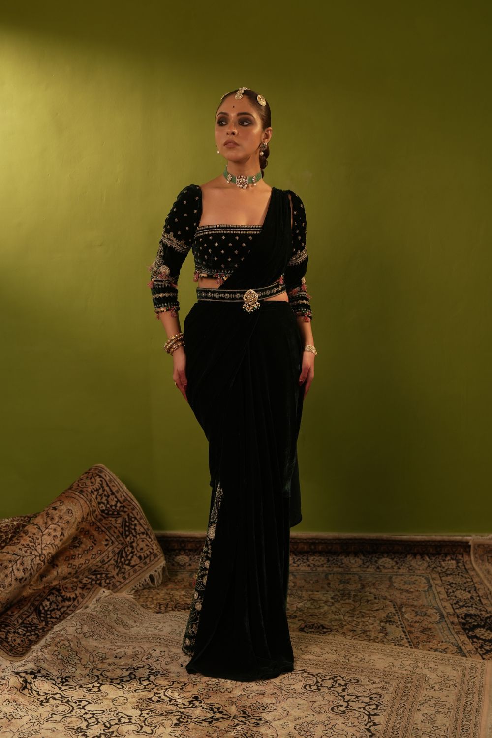 Rich Green Velvet Saree Set
