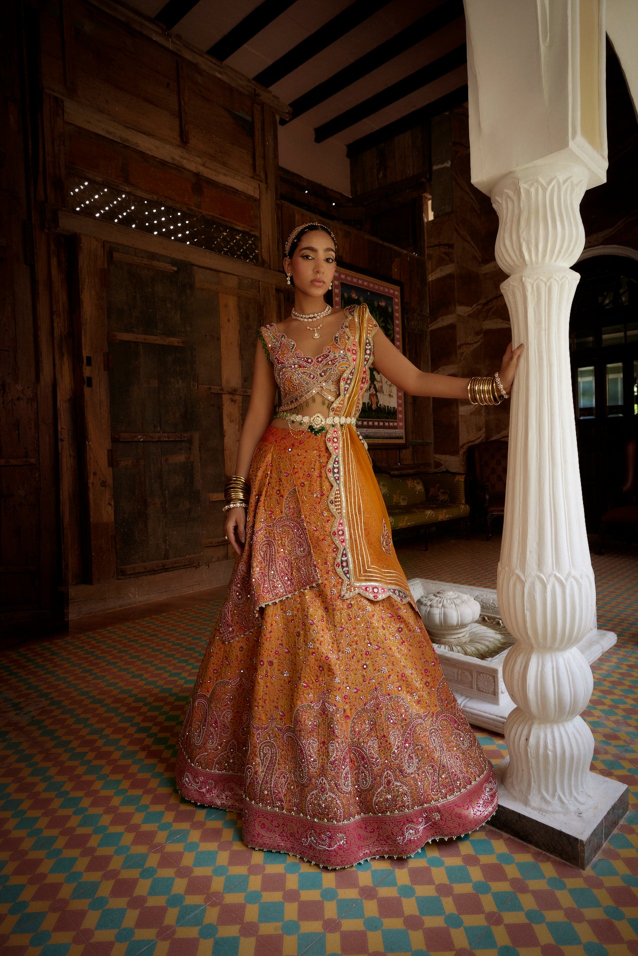 Yellow Jamawar Katan Silk Lehenga