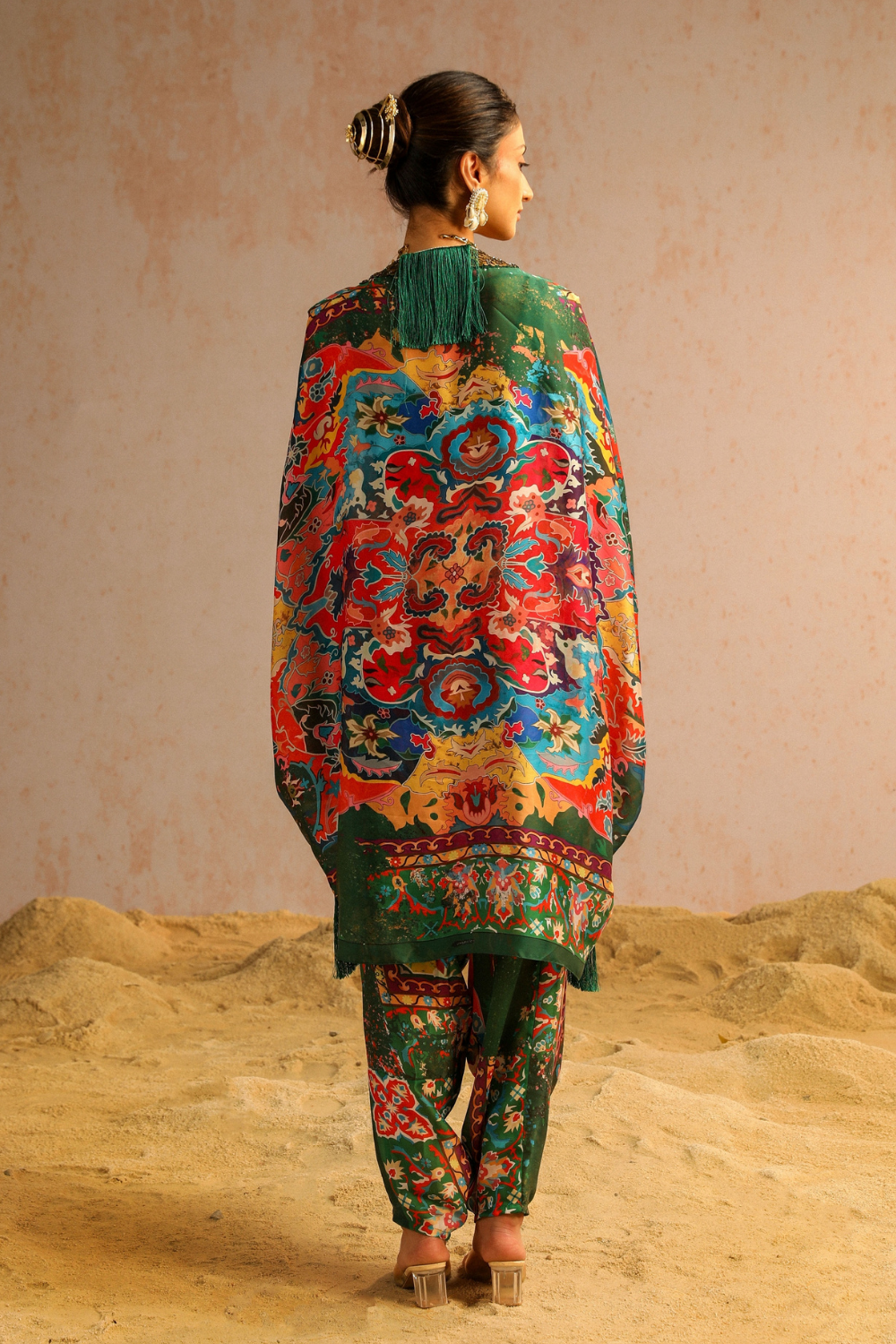 Green harem pants with blouse and cape