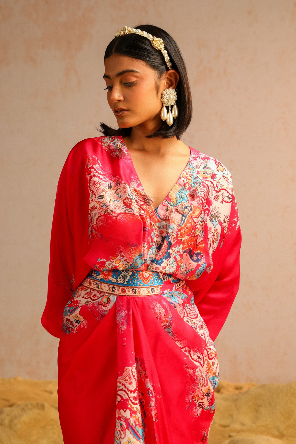 Hot pink draped skirt with shirt
