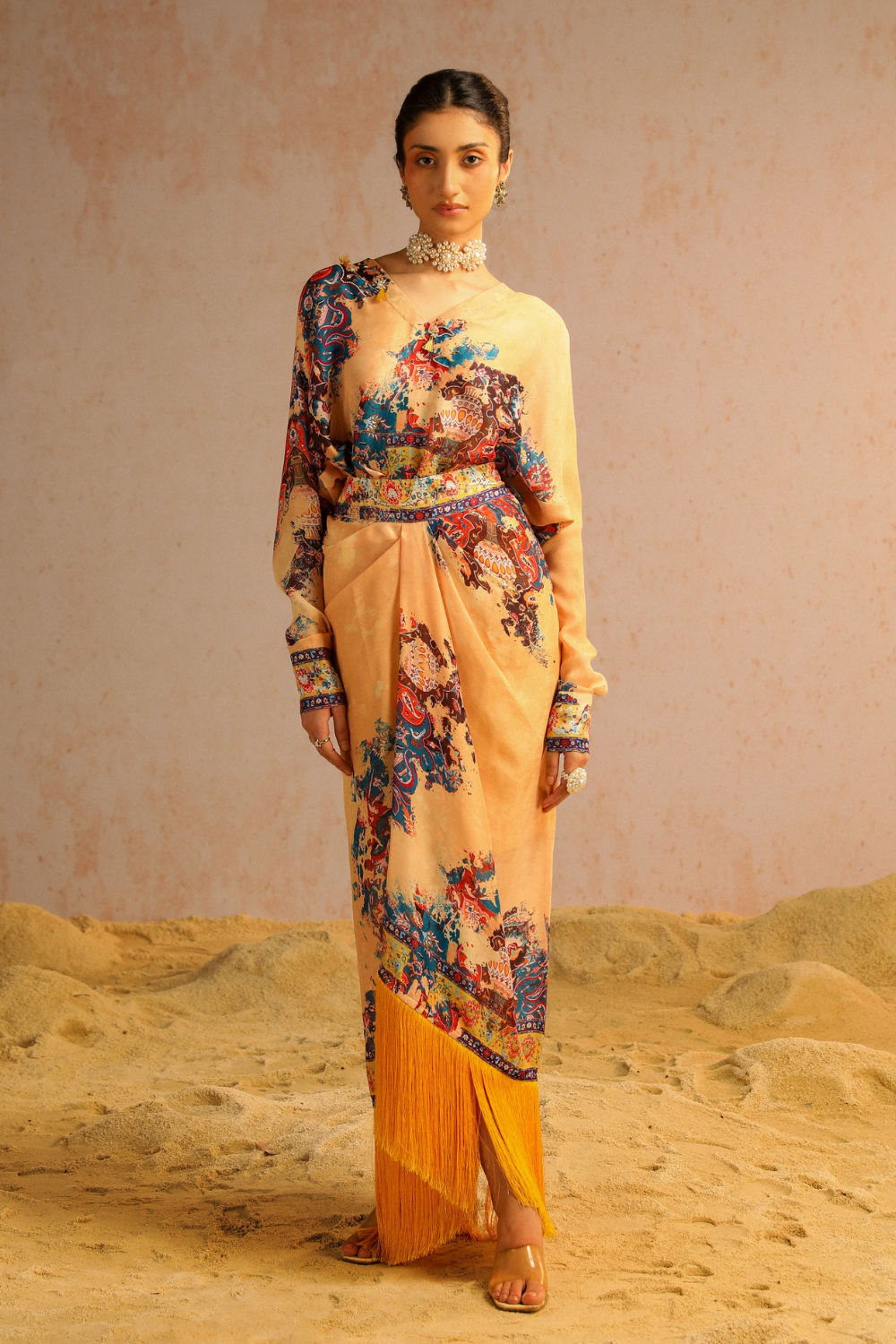 Beige draped skirt with shirt