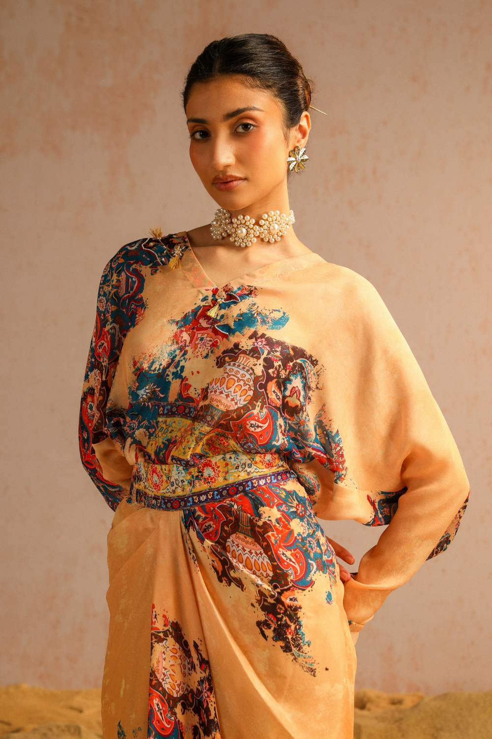 Beige draped skirt with shirt