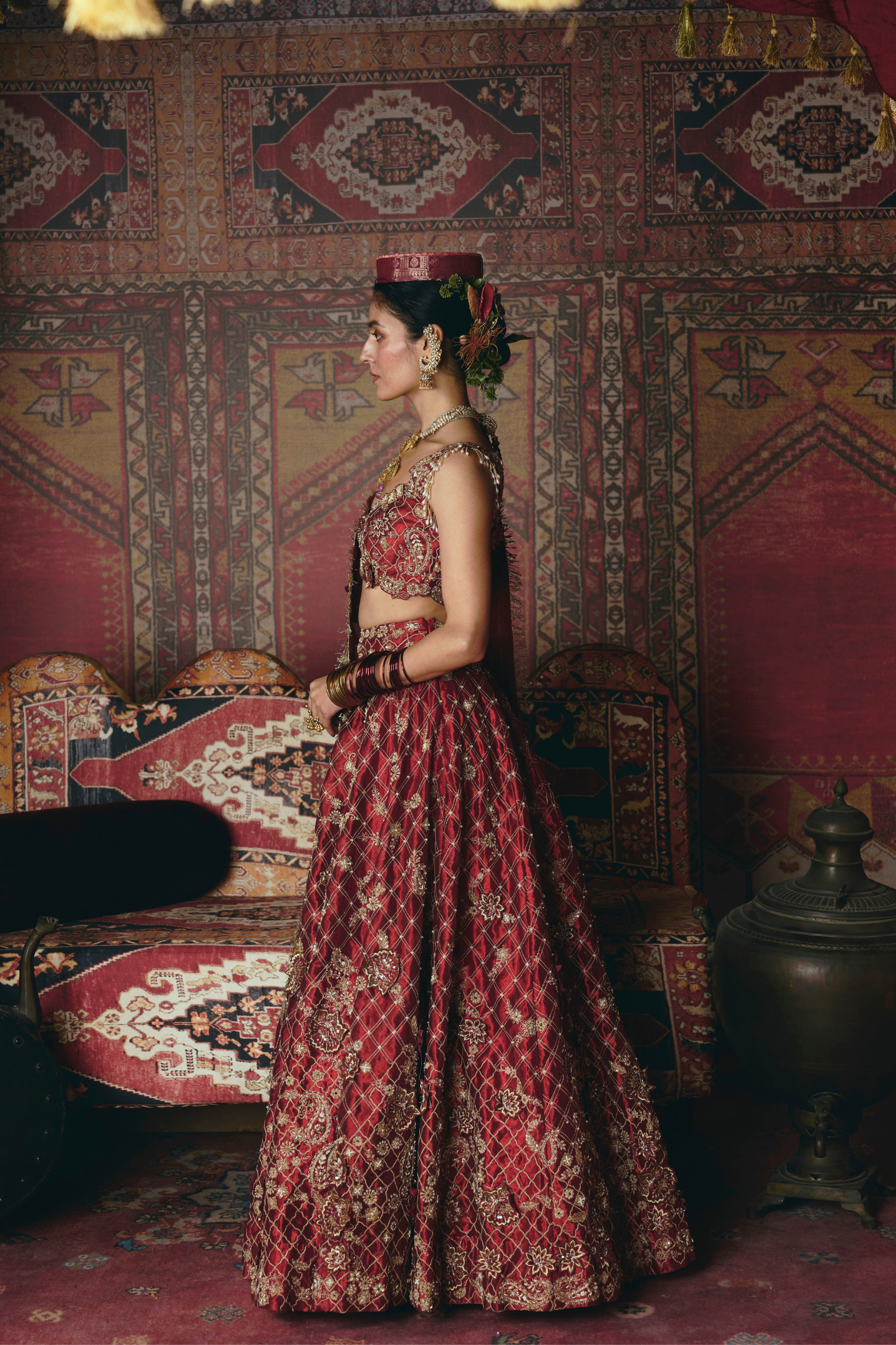 Maroon 3D Flower Lehenga Set