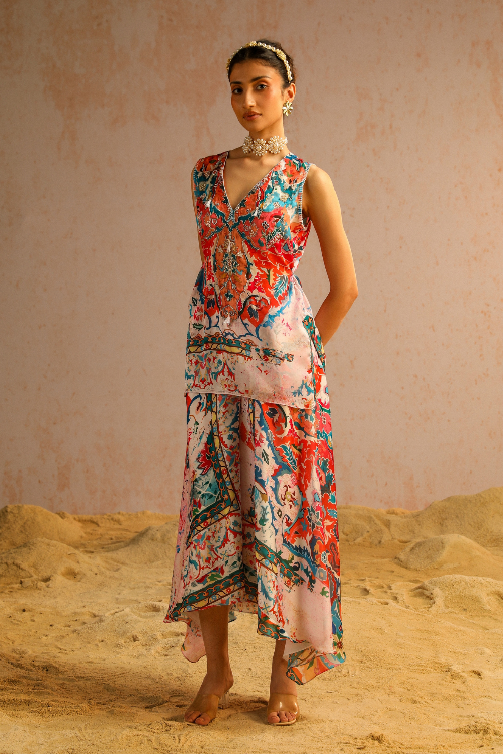 Ivory A-line pants with short kurti