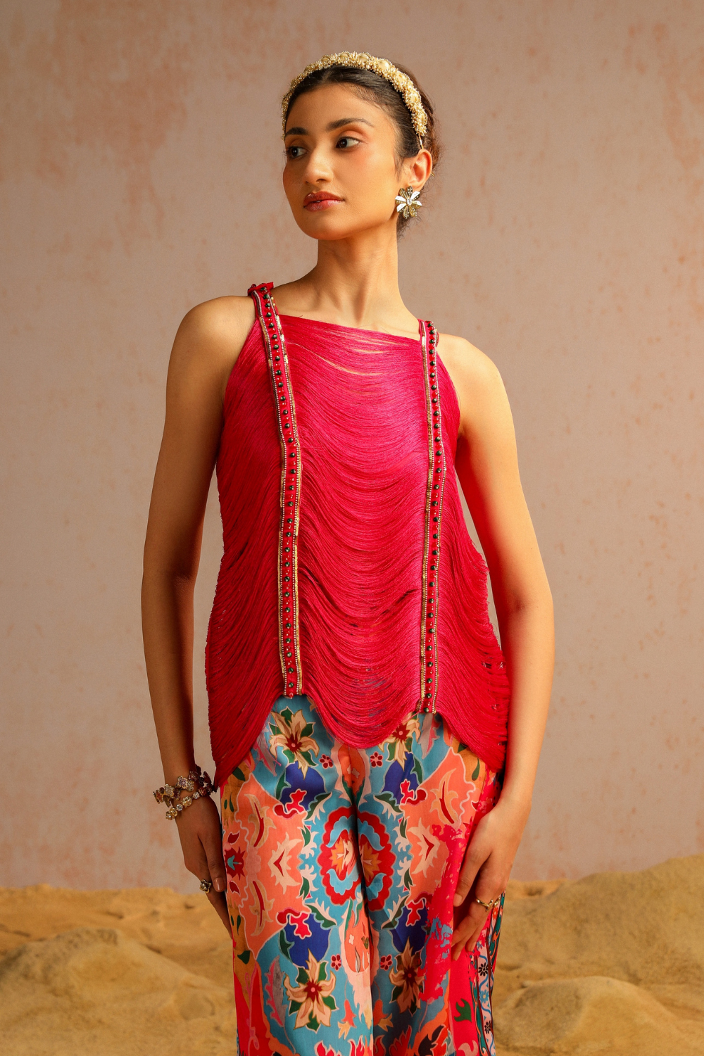 Hot pink pants with fringe lace top