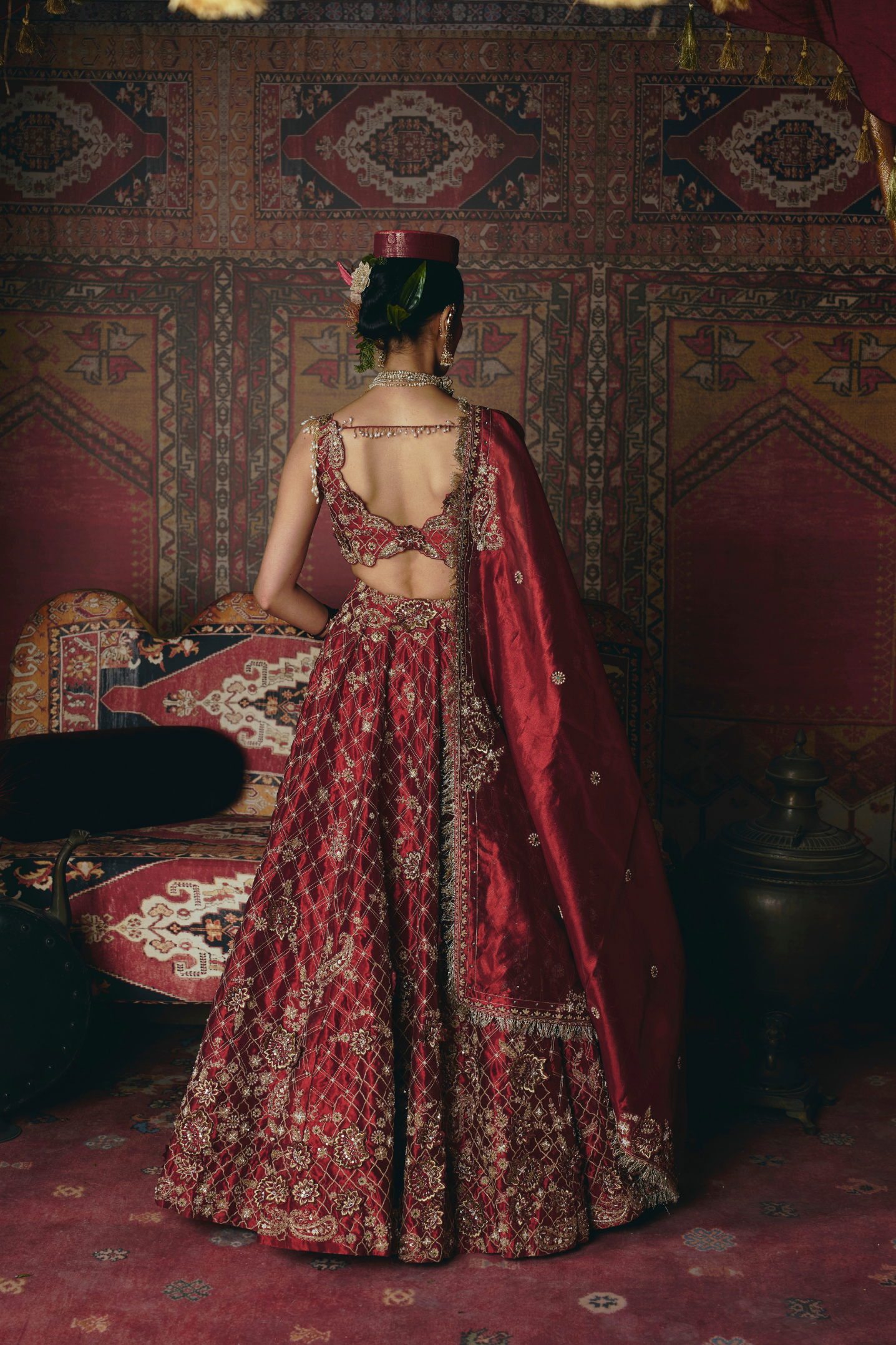 Maroon 3D Flower Lehenga Set