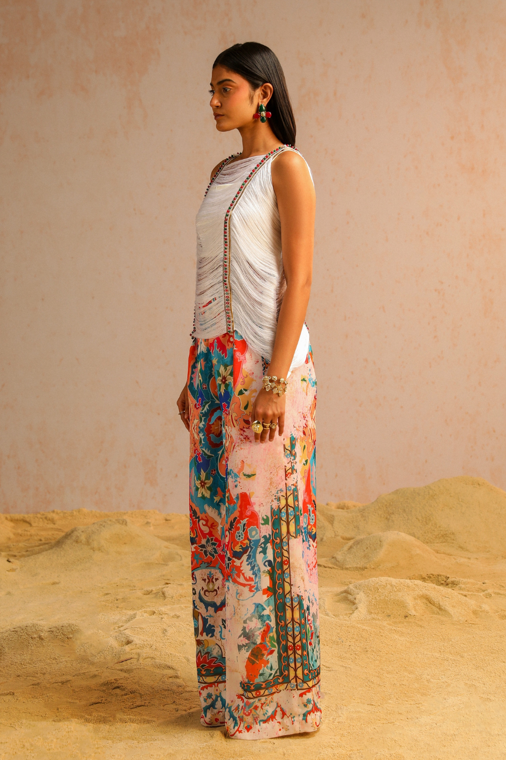 Ivory pants with fringe lace top