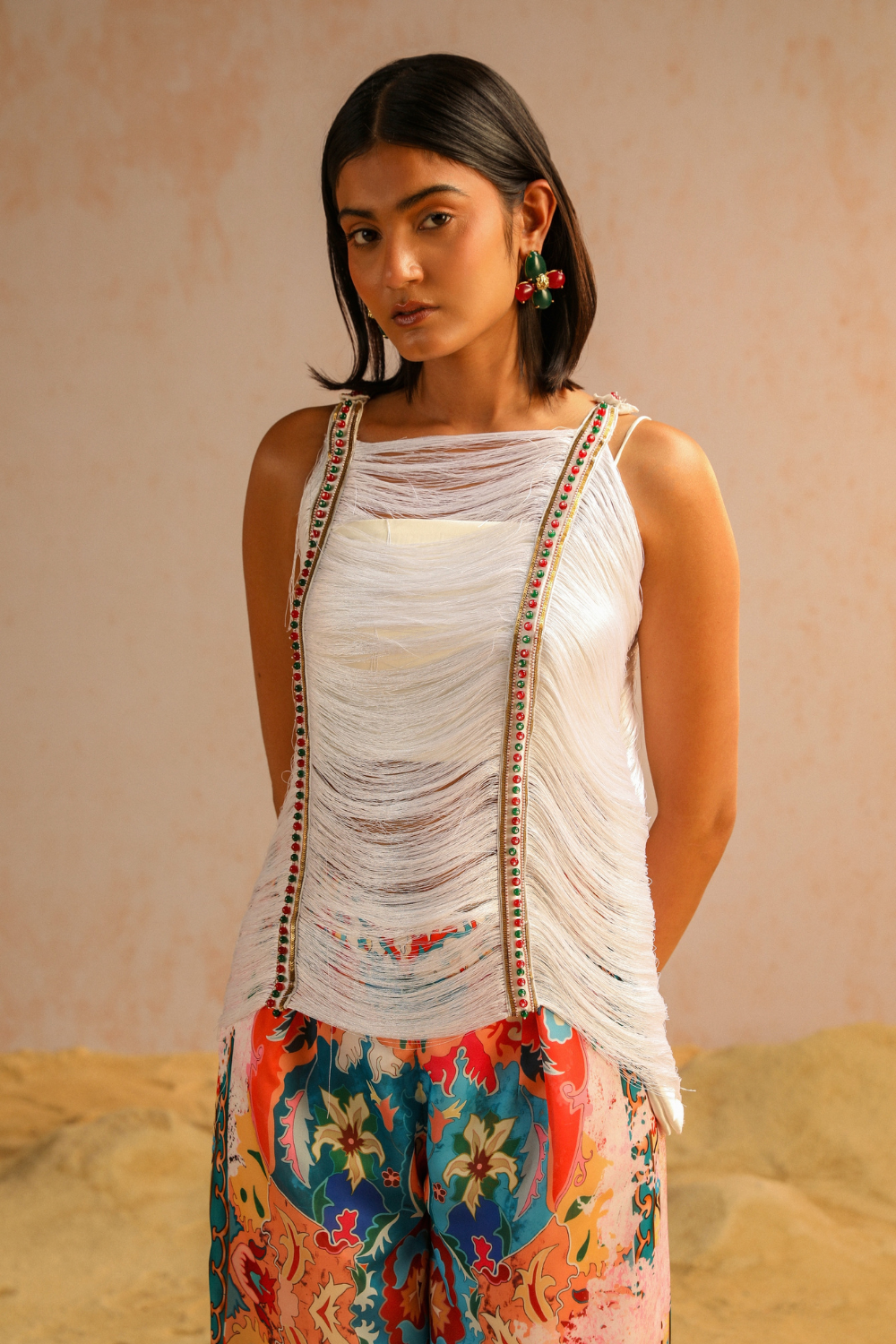 Ivory pants with fringe lace top