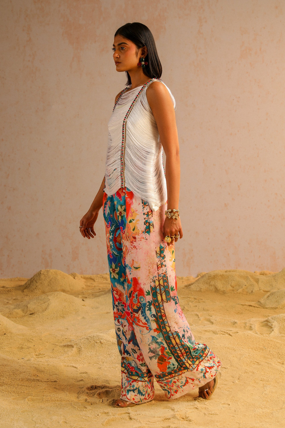 Ivory pants with fringe lace top