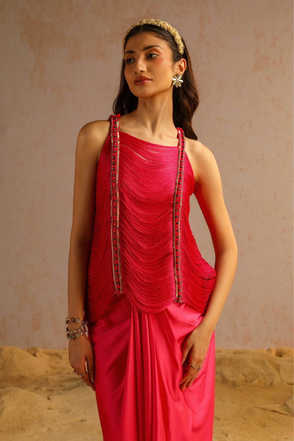 Hot pink draped skirt with fringe lace top