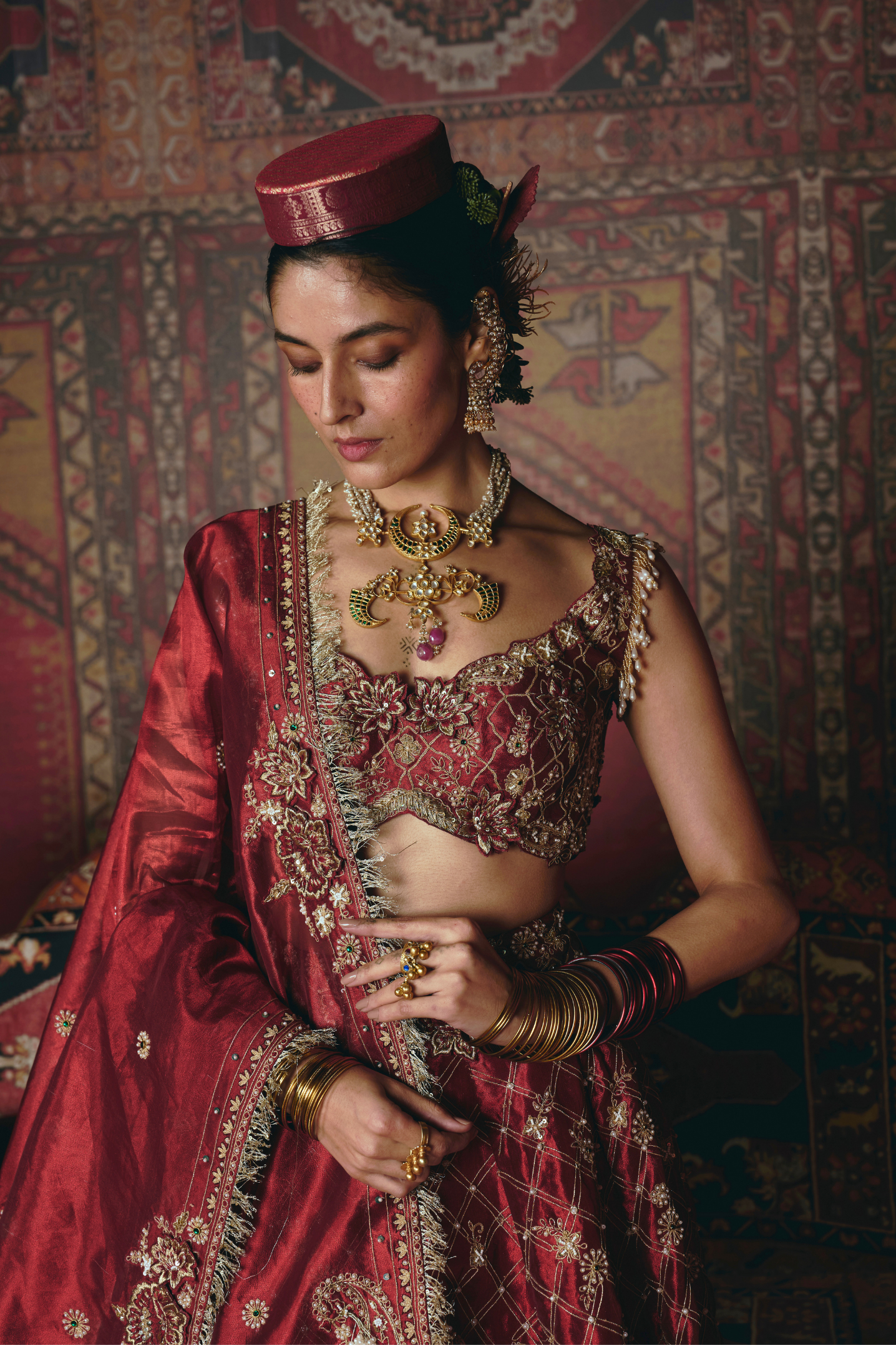Maroon 3D Flower Lehenga Set