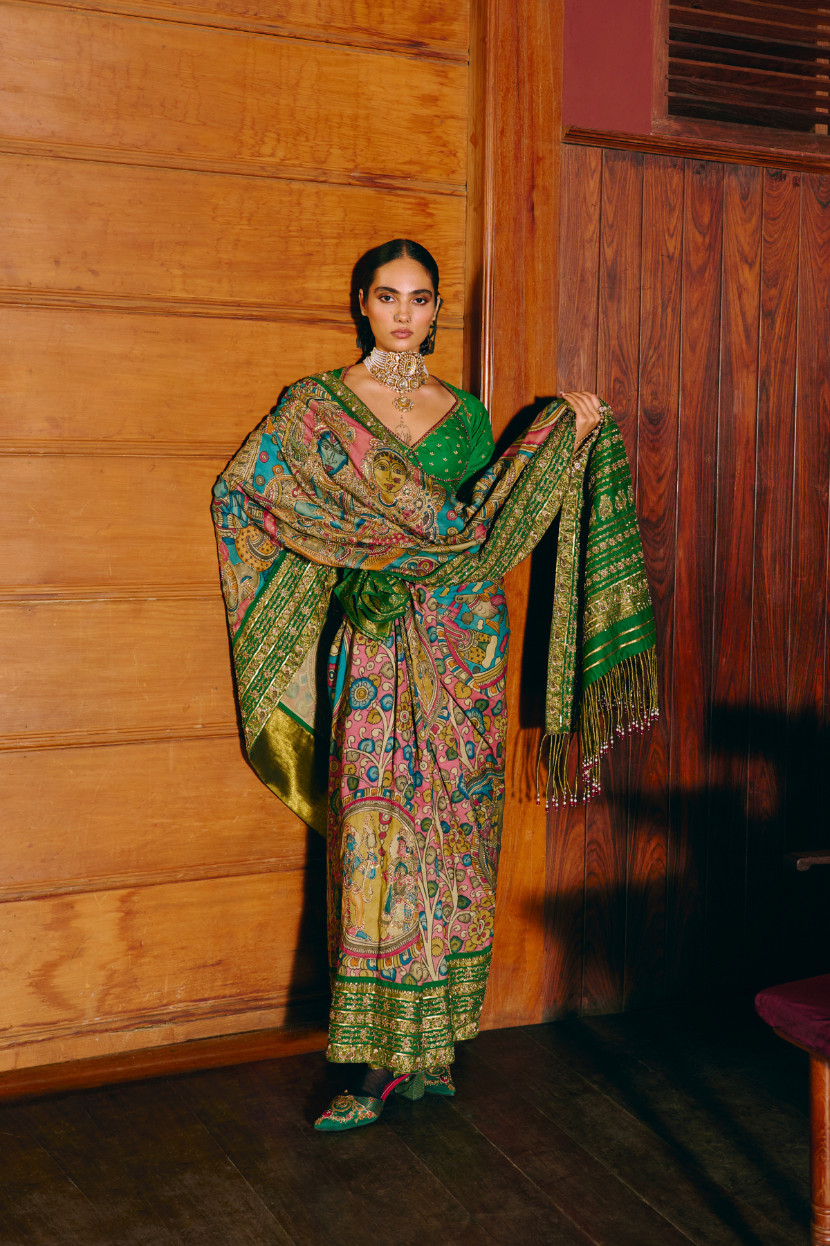 RamLeela onion pink saree with green blouse