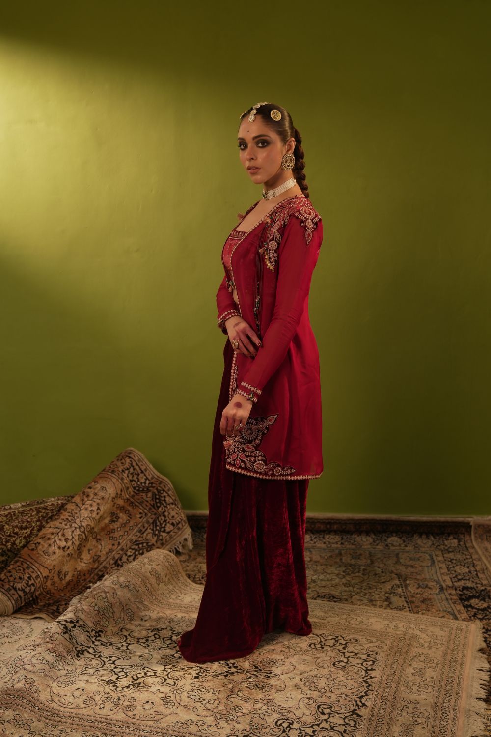 Long Wine Velvet Drape Skirt, Top And Jacket Set