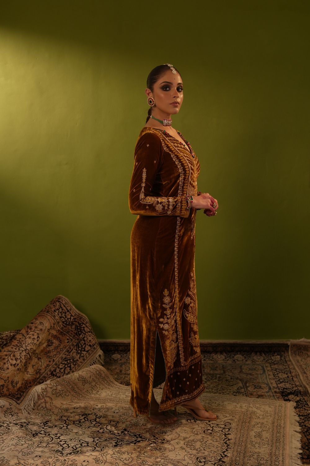 Yellow Velvet Kaftan Set