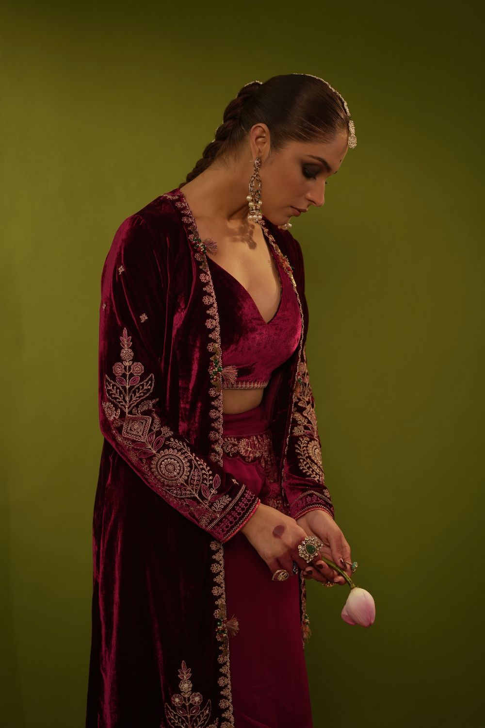 Wine Velvet Drape Skirt, Top And Jacket Set