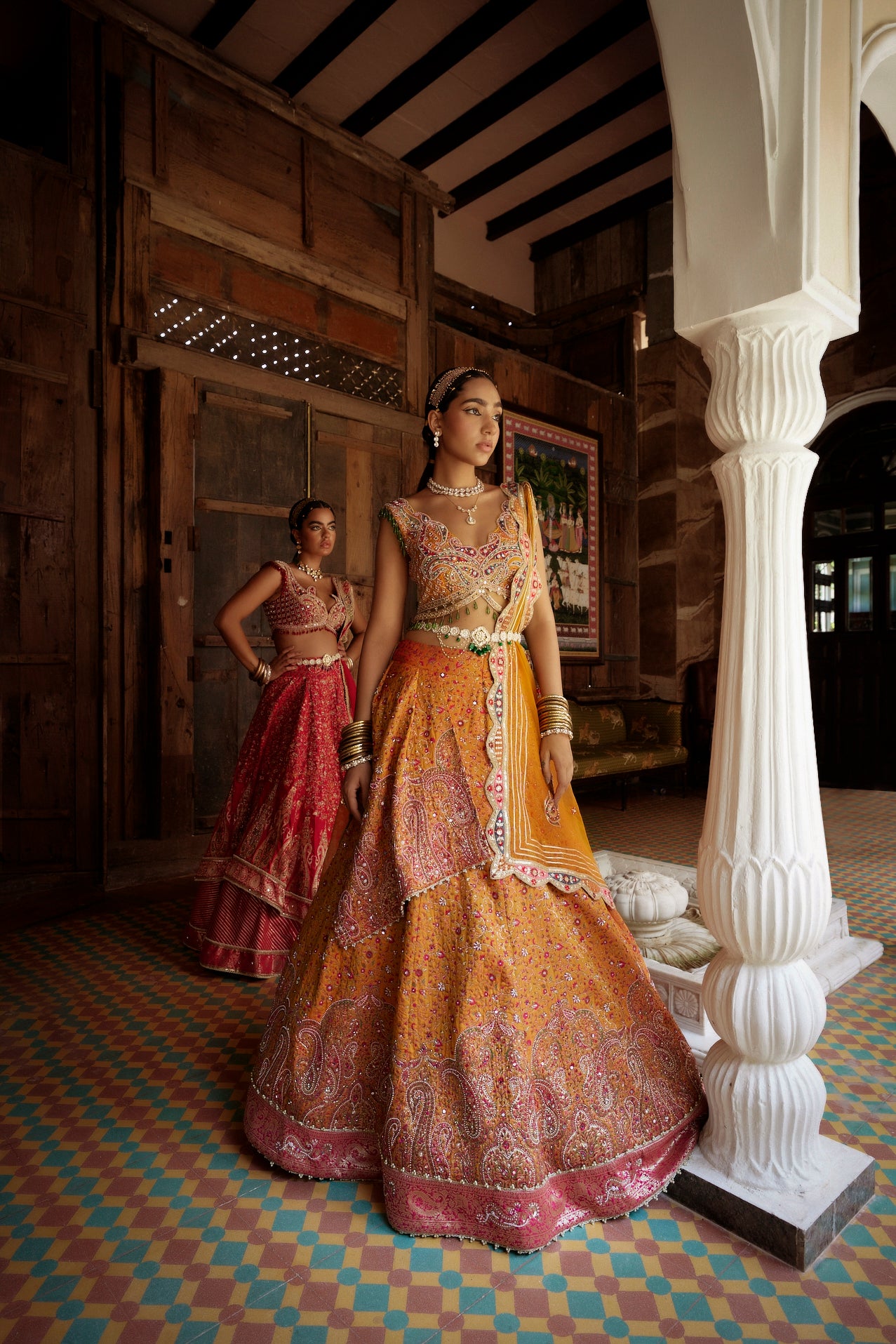 Yellow Jamawar Katan Silk Lehenga