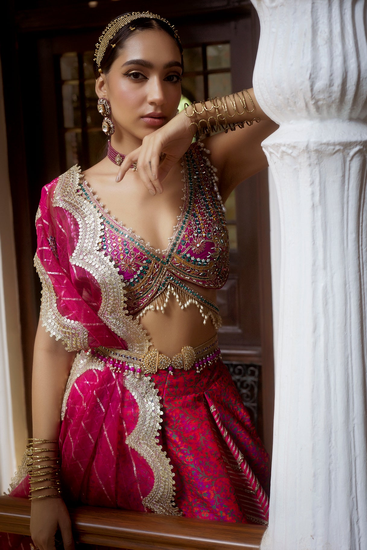Shop Coral Jamawar Embroidered Lehenga Set