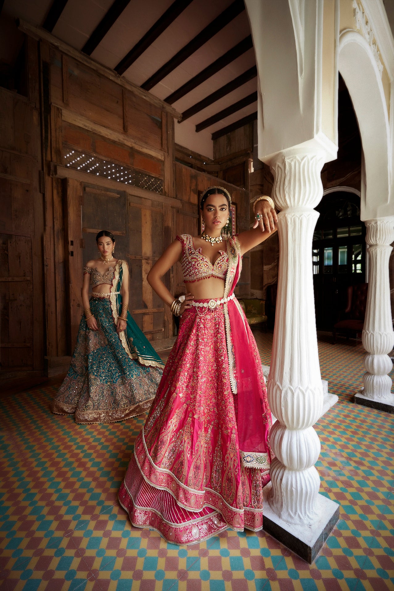 Women's Coral Jamawar Embroidered Lehenga Set