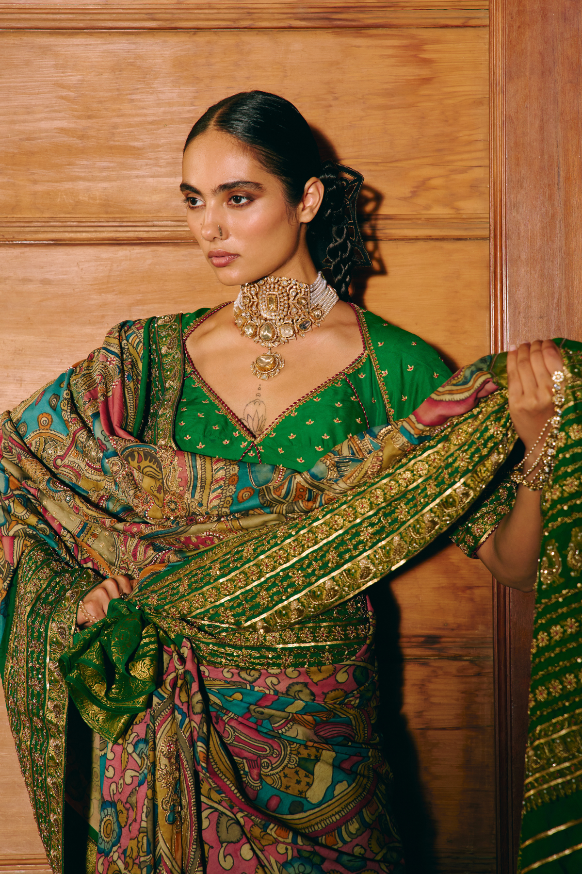 RamLeela onion pink saree with green blouse