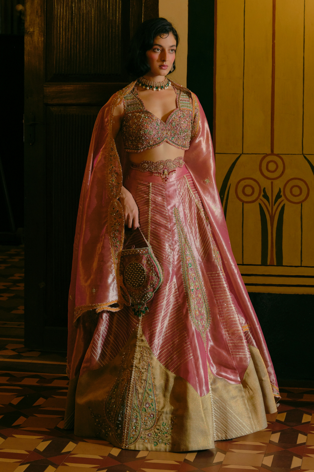 Laila Faisall in our Pink silk zari tissue lehnga set