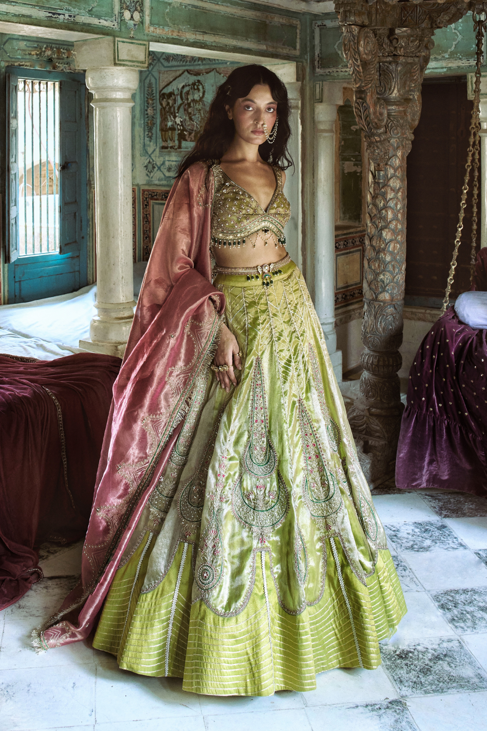 Aashna Jolly in our Lemon green silk zari tissue Lehenga with rose pink dupatta