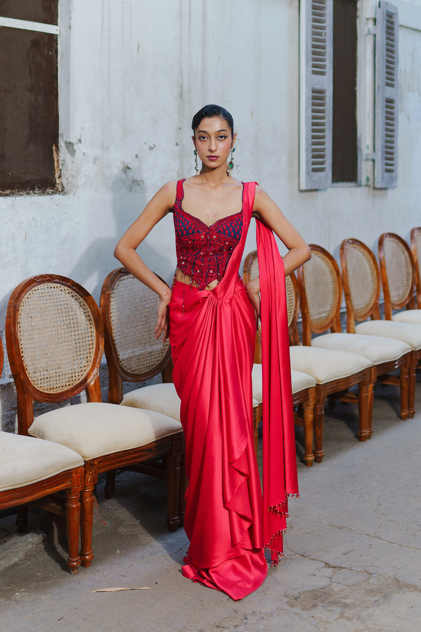 Red short corset with saree set