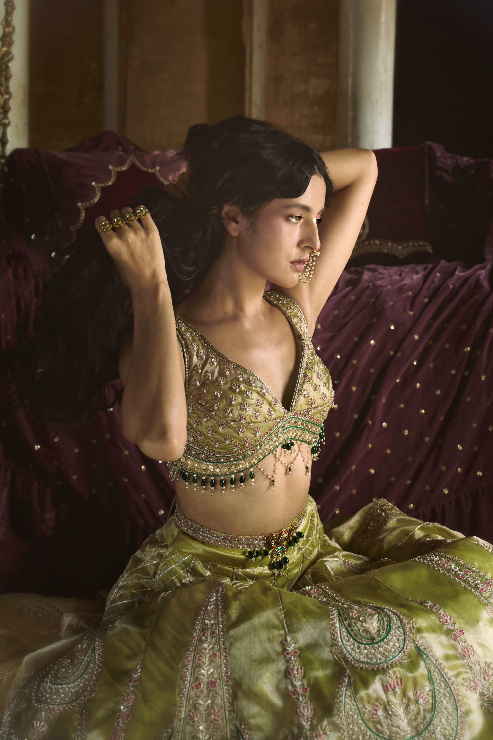 Aashna Jolly in our Lemon green silk zari tissue Lehenga with rose pink dupatta