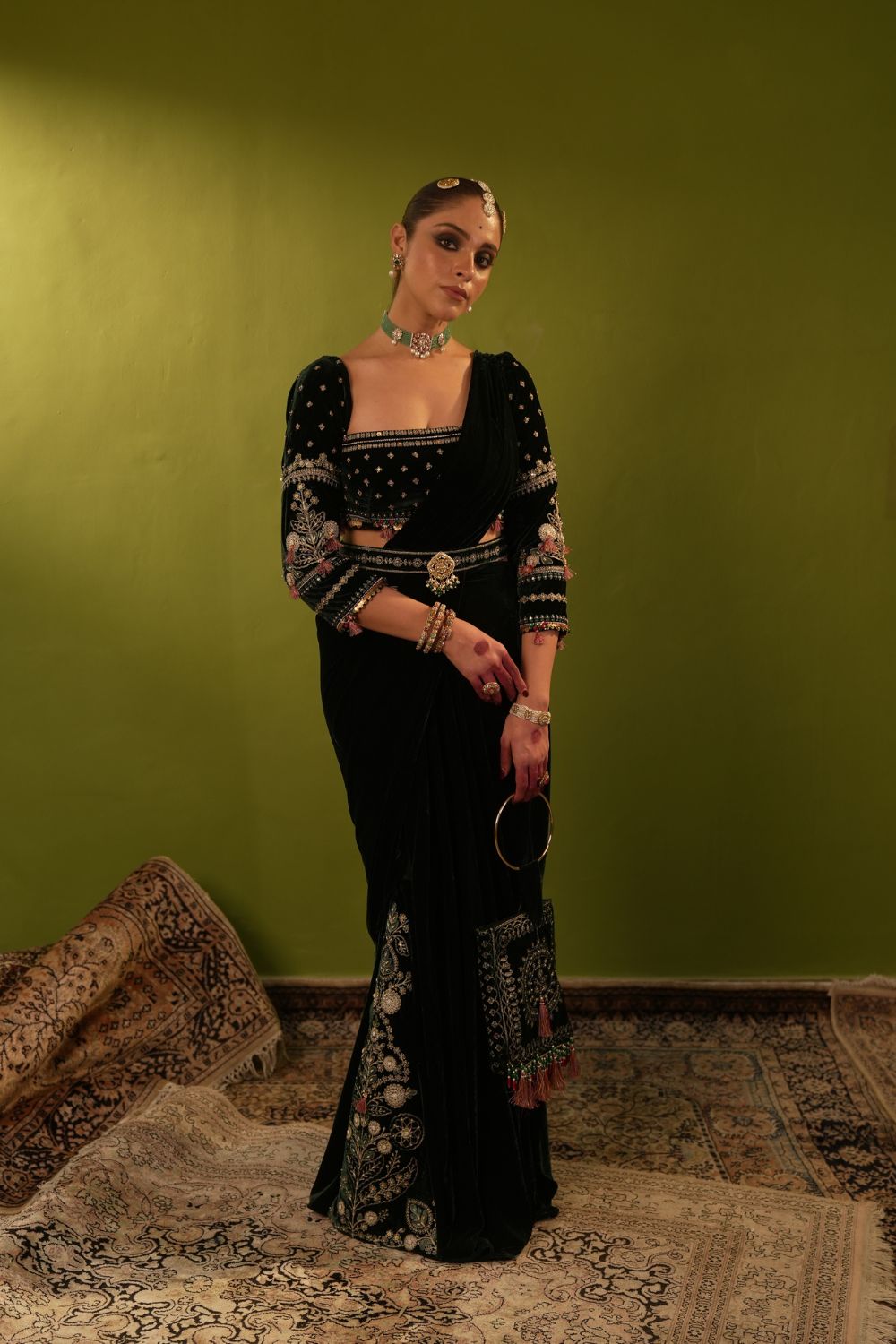 Rich Green Velvet Saree Set