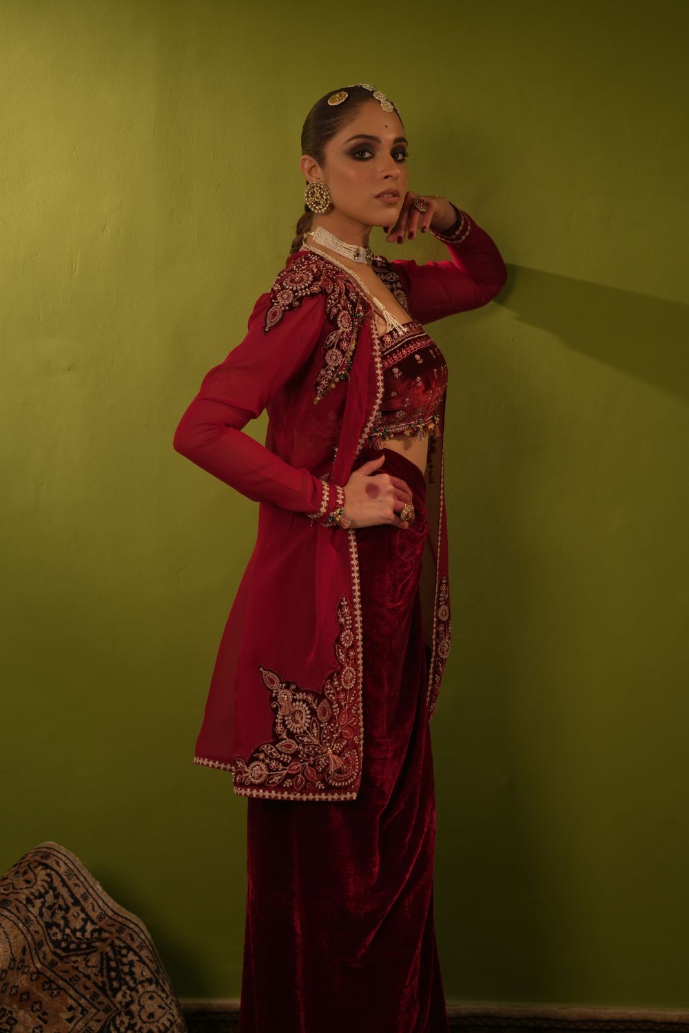 Long Wine Velvet Drape Skirt, Top And Jacket Set