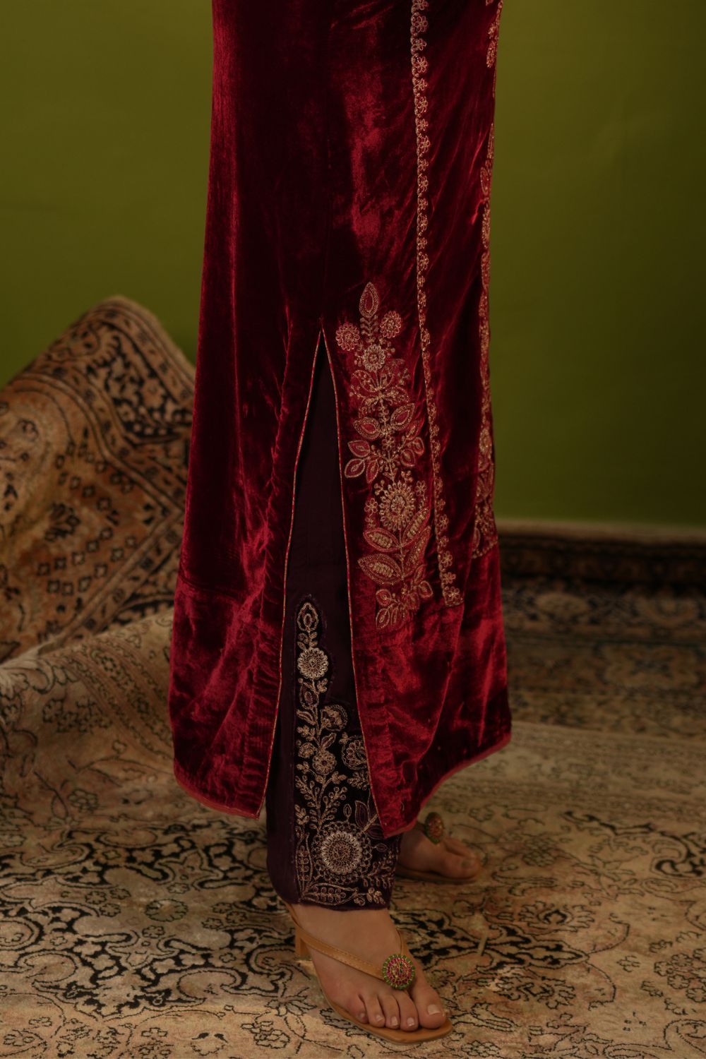 Red and Purple Velvet Kurta Set