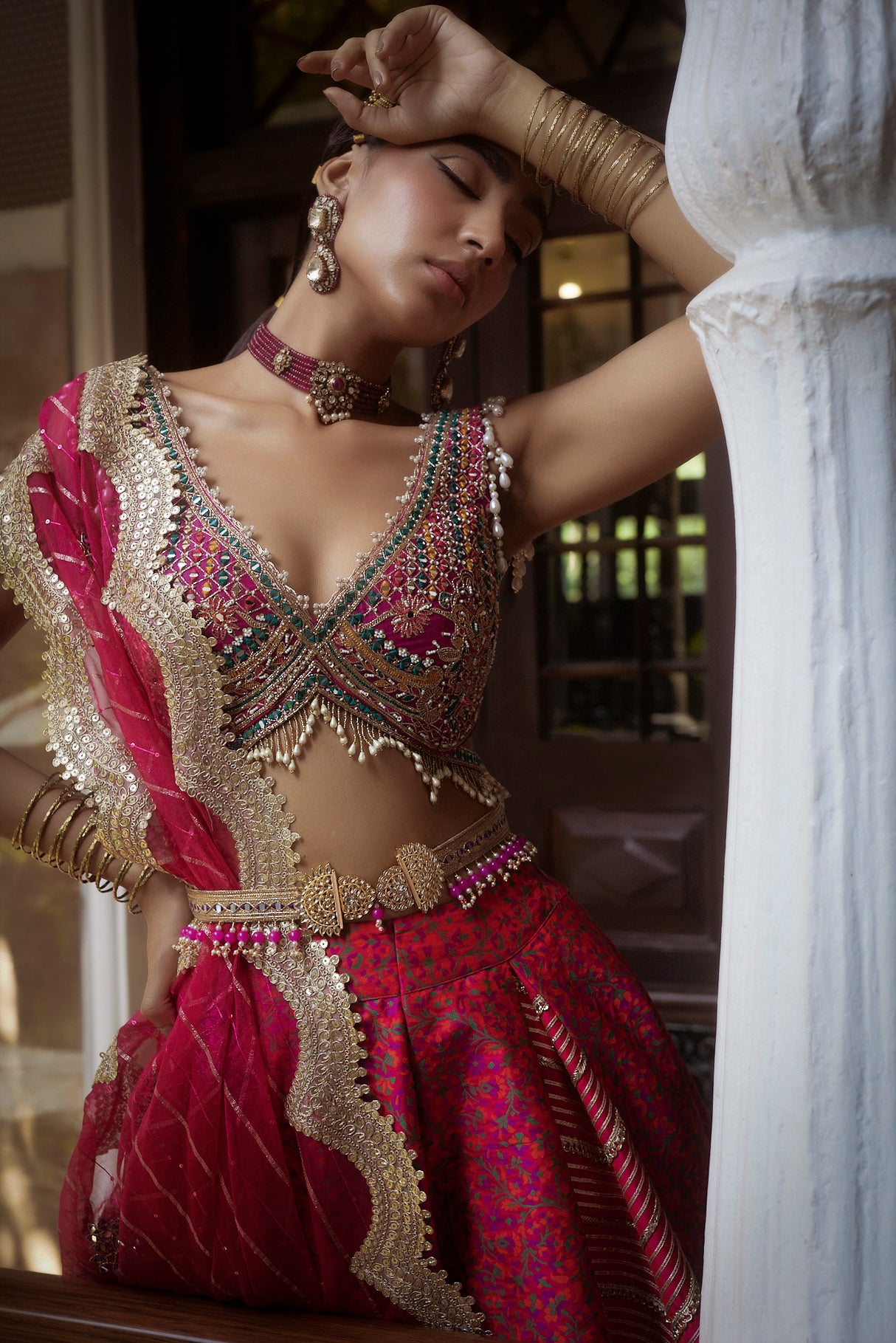 Shop Coral Jamawar Embroidered Lehenga Set