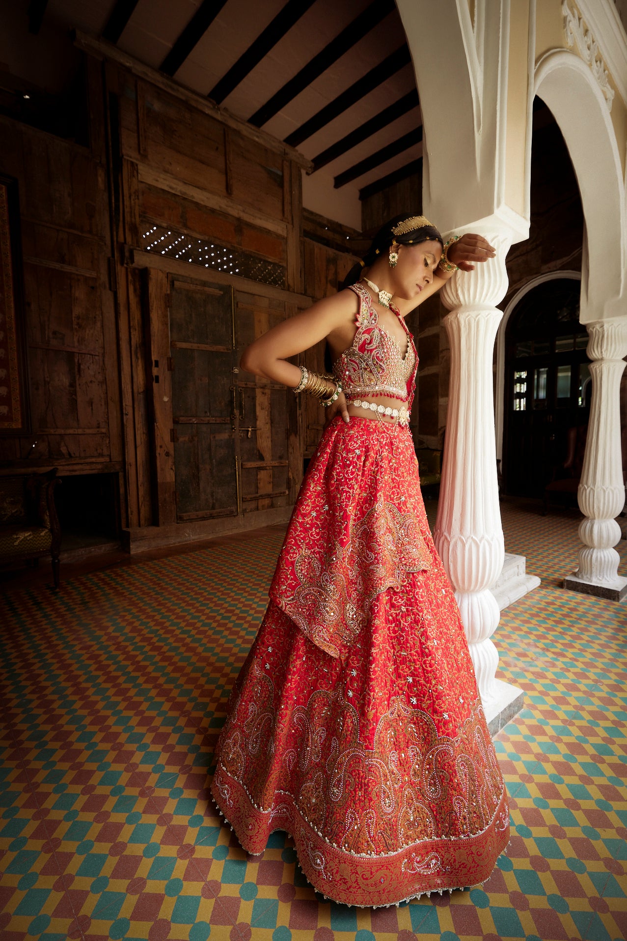 Women's Red Silk Embroidered Lehenga Set