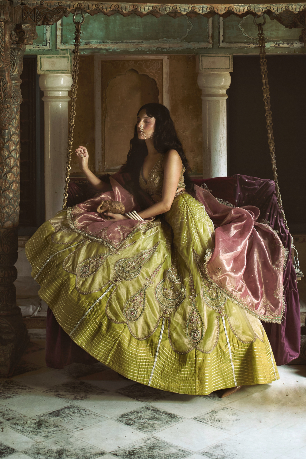 Aashna Jolly in our Lemon green silk zari tissue Lehenga with rose pink dupatta