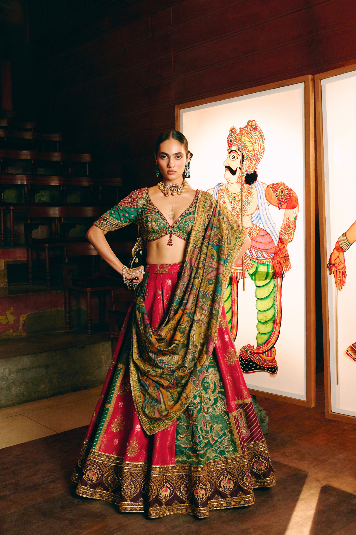 Samarpana Crimson & Green Lehenga With Kalamkari Duppata Set