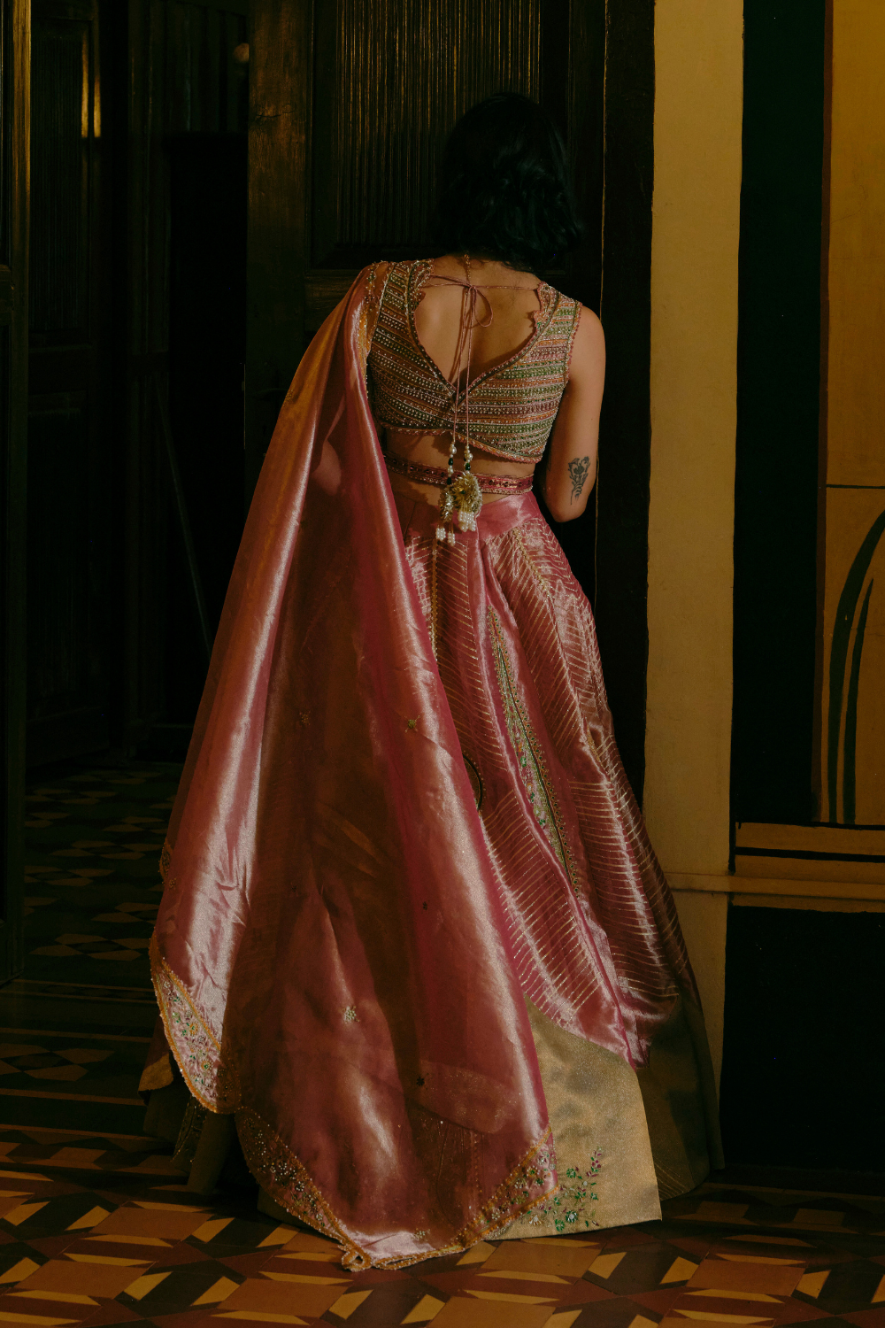 Laila Faisall in our Pink silk zari tissue lehnga set