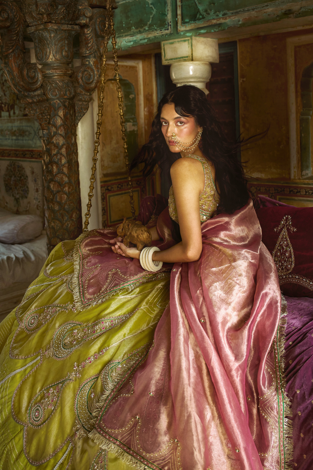 Aashna Jolly in our Lemon green silk zari tissue Lehenga with rose pink dupatta