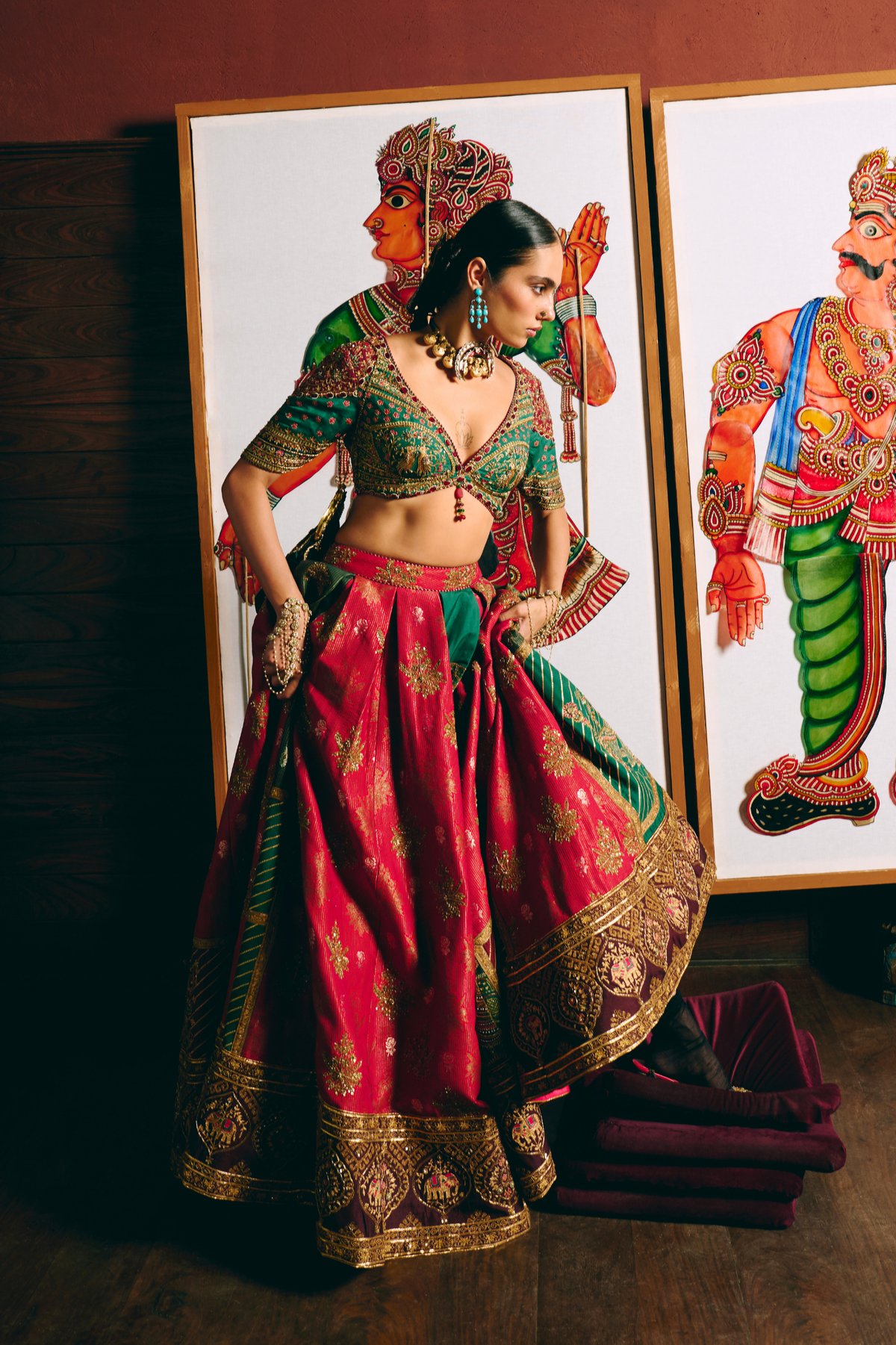 Samarpana Crimson & Green Lehenga With Kalamkari Duppata Set