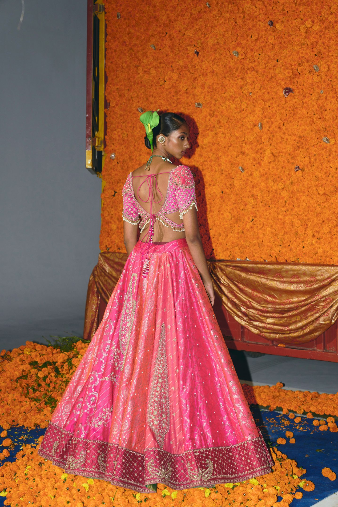 Panelled Hot Pink and Peach Silk Banarsi Lehenga Set