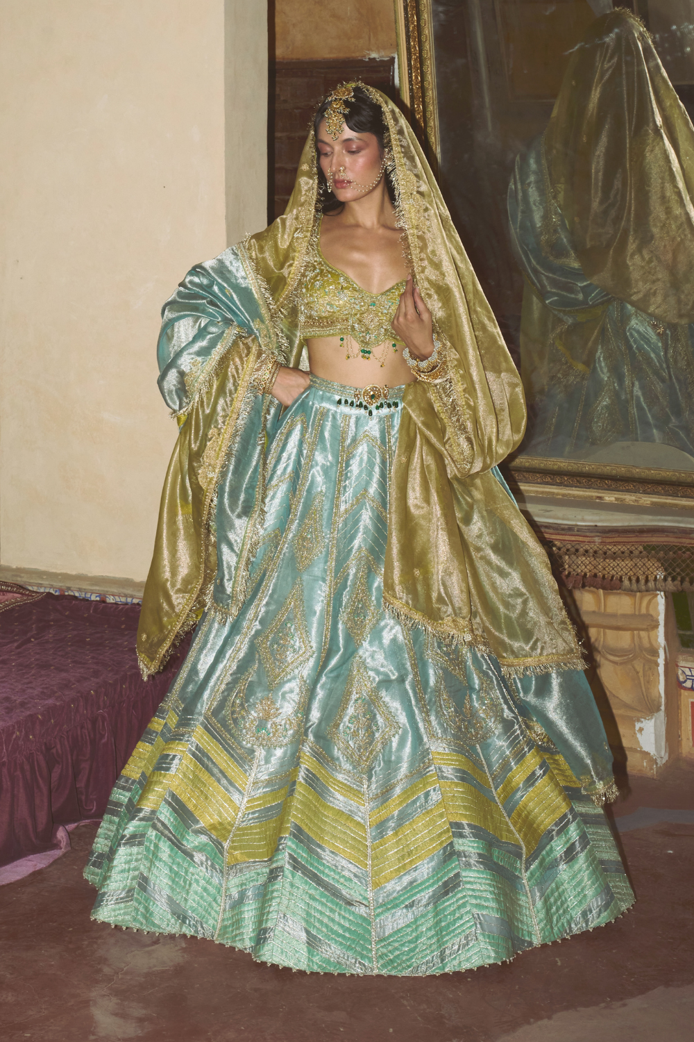 Ammna Sharif in our Ice blue silk zari tissue lehenga with olive bloom dupatta