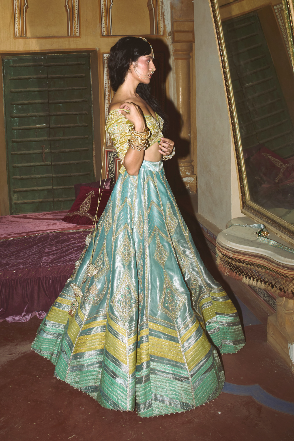 Ammna Sharif in our Ice blue silk zari tissue lehenga with olive bloom dupatta