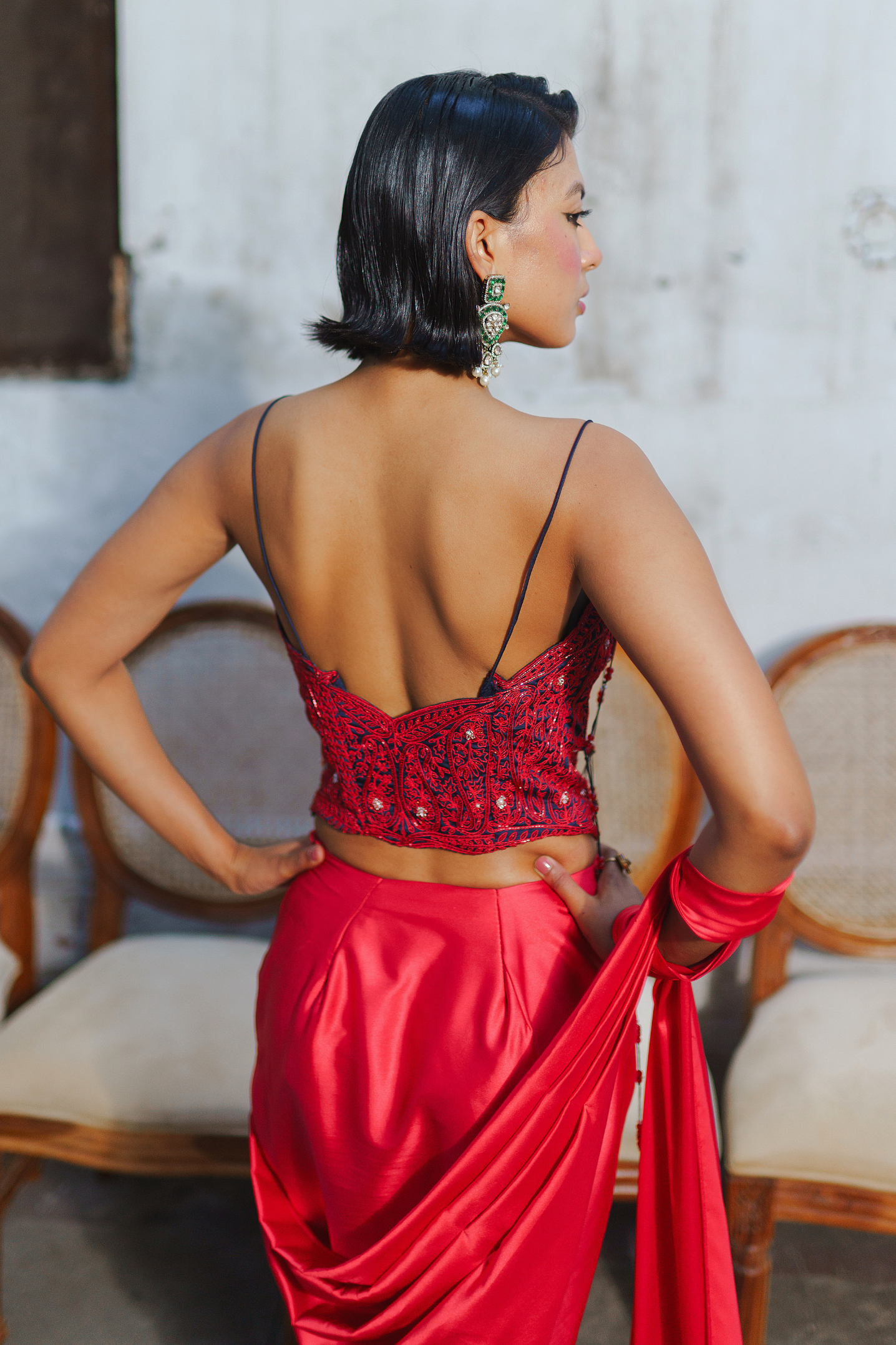 Red long corset with saree set