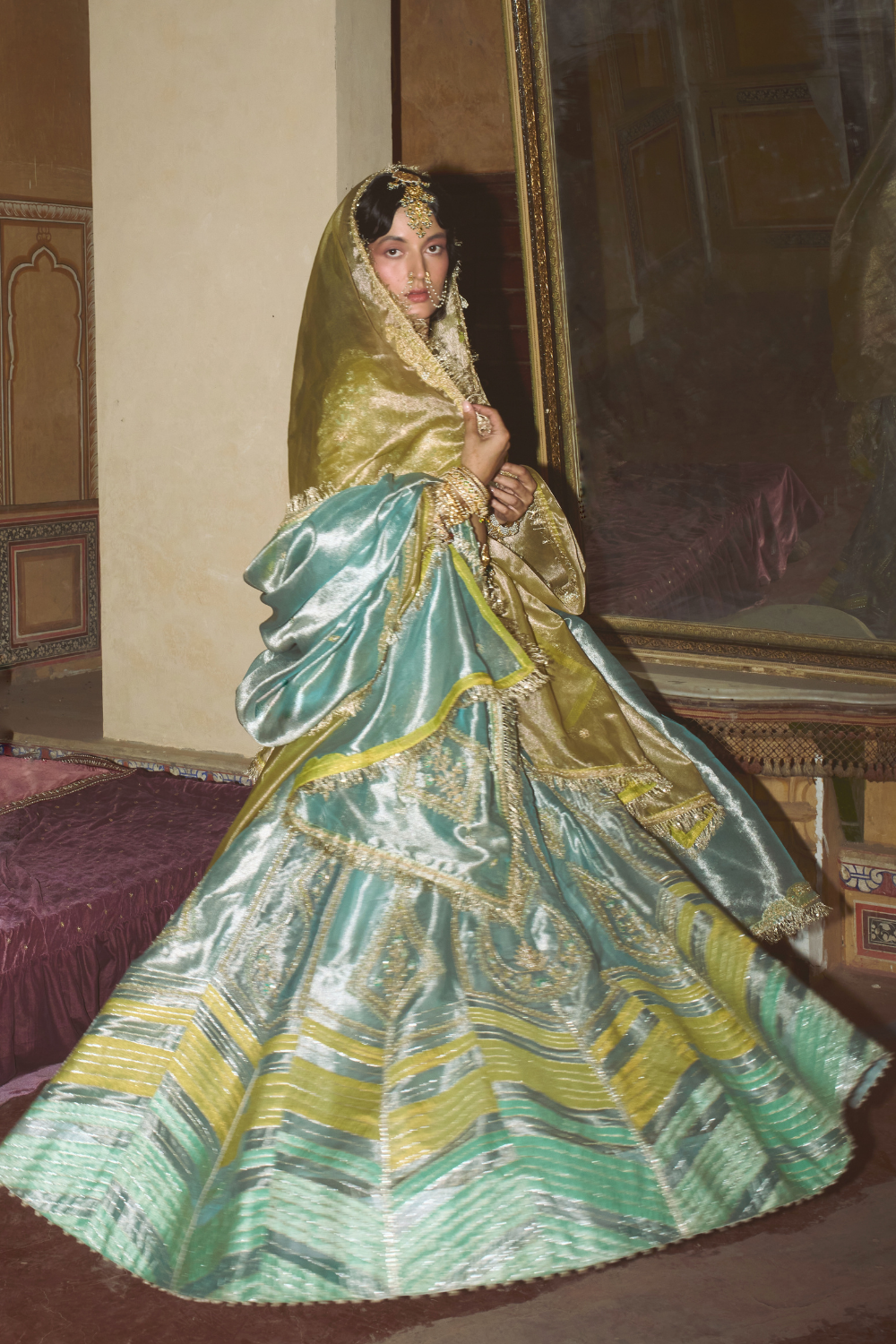 Ammna Sharif in our Ice blue silk zari tissue lehenga with olive bloom dupatta