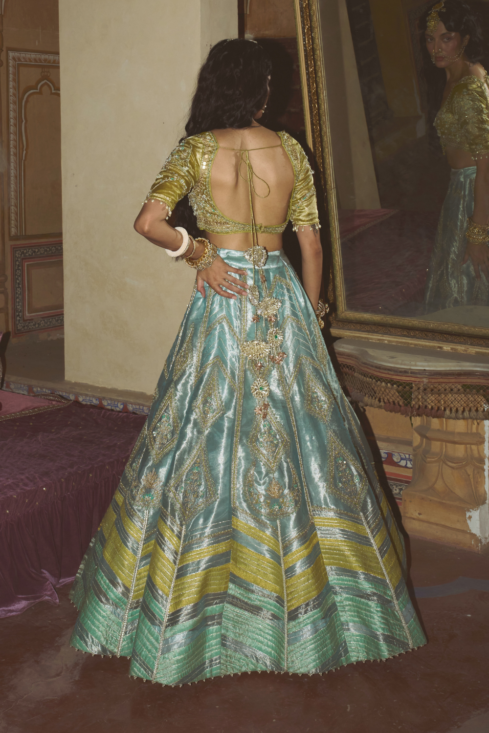 Ammna Sharif in our Ice blue silk zari tissue lehenga with olive bloom dupatta