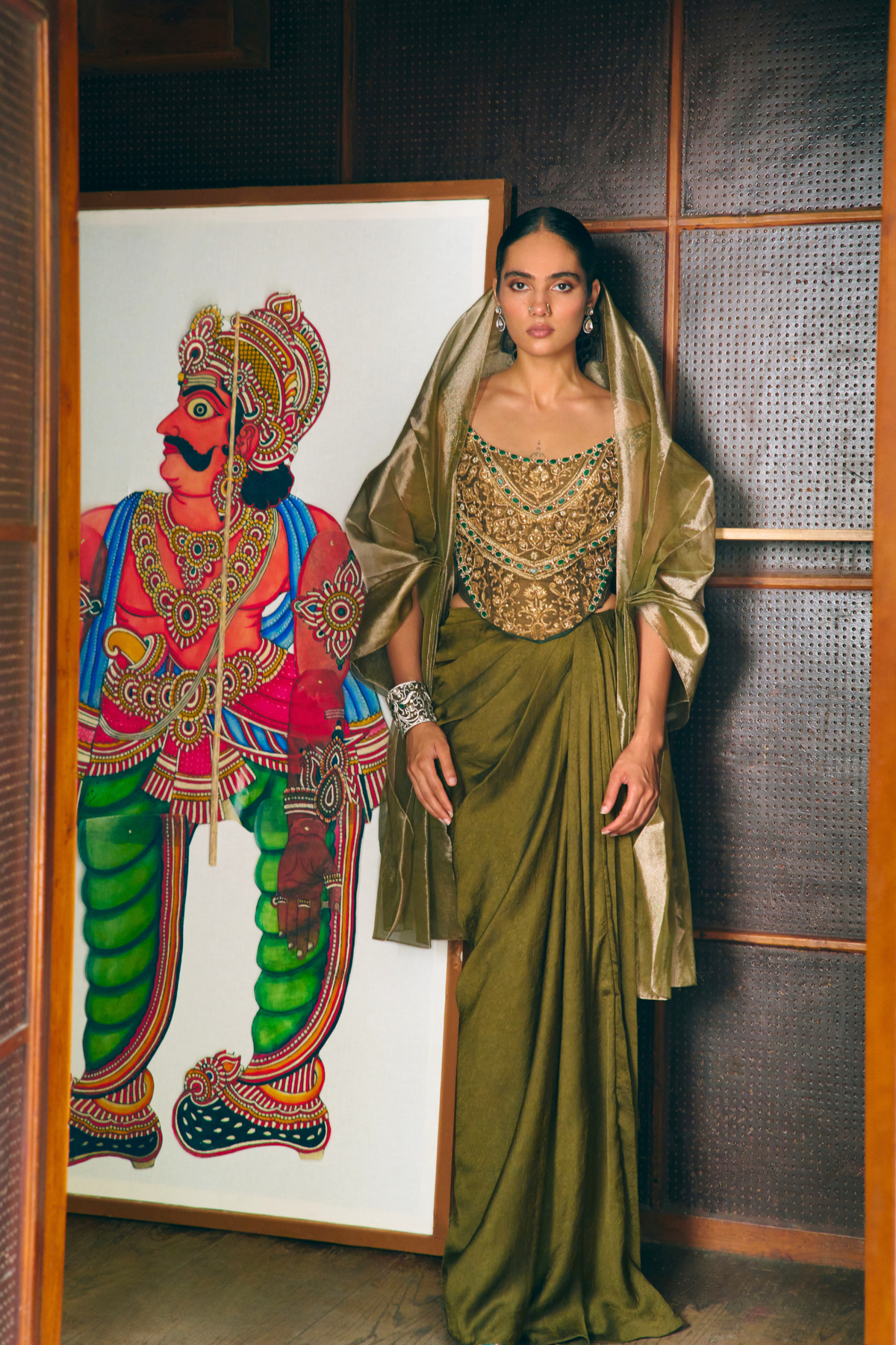 Dyuti Olive green corset with drape