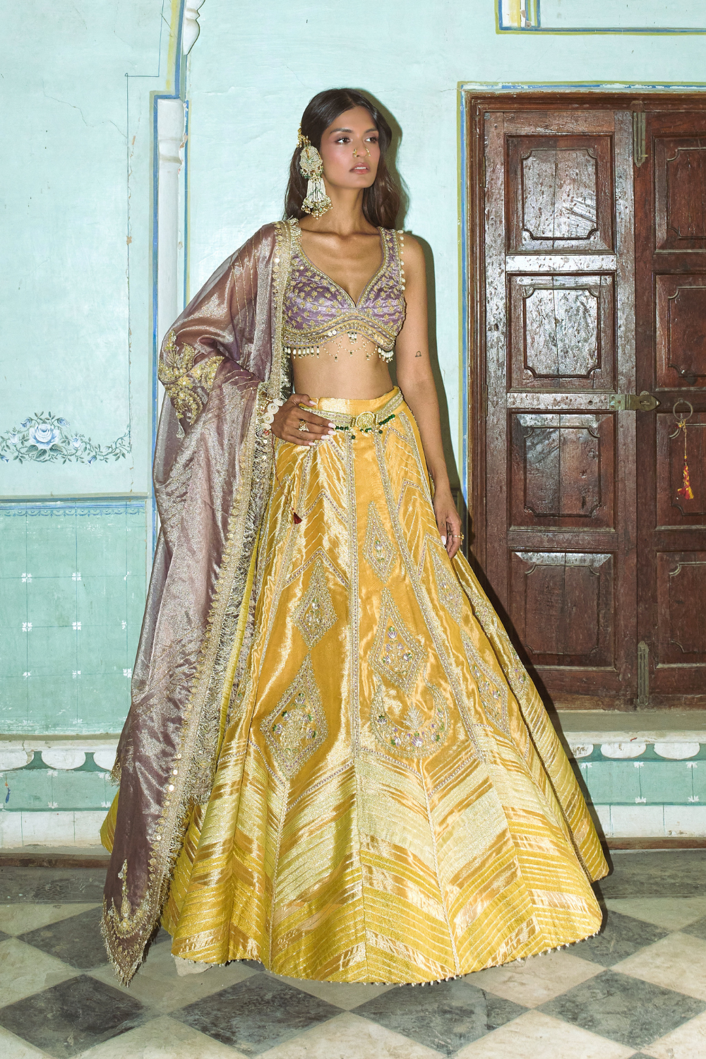 Mustard yellow with lilac tissue dupatta lehenga set