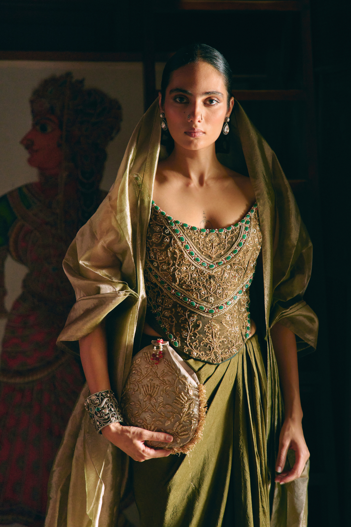 Dyuti Olive green corset with drape