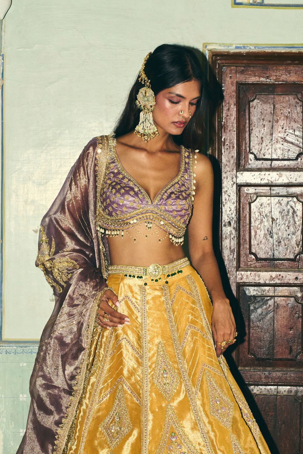 Mustard yellow with lilac tissue dupatta lehenga set