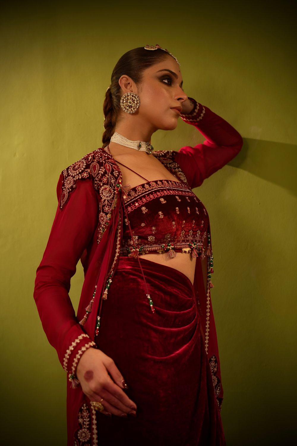 Long Wine Velvet Drape Skirt, Top And Jacket Set