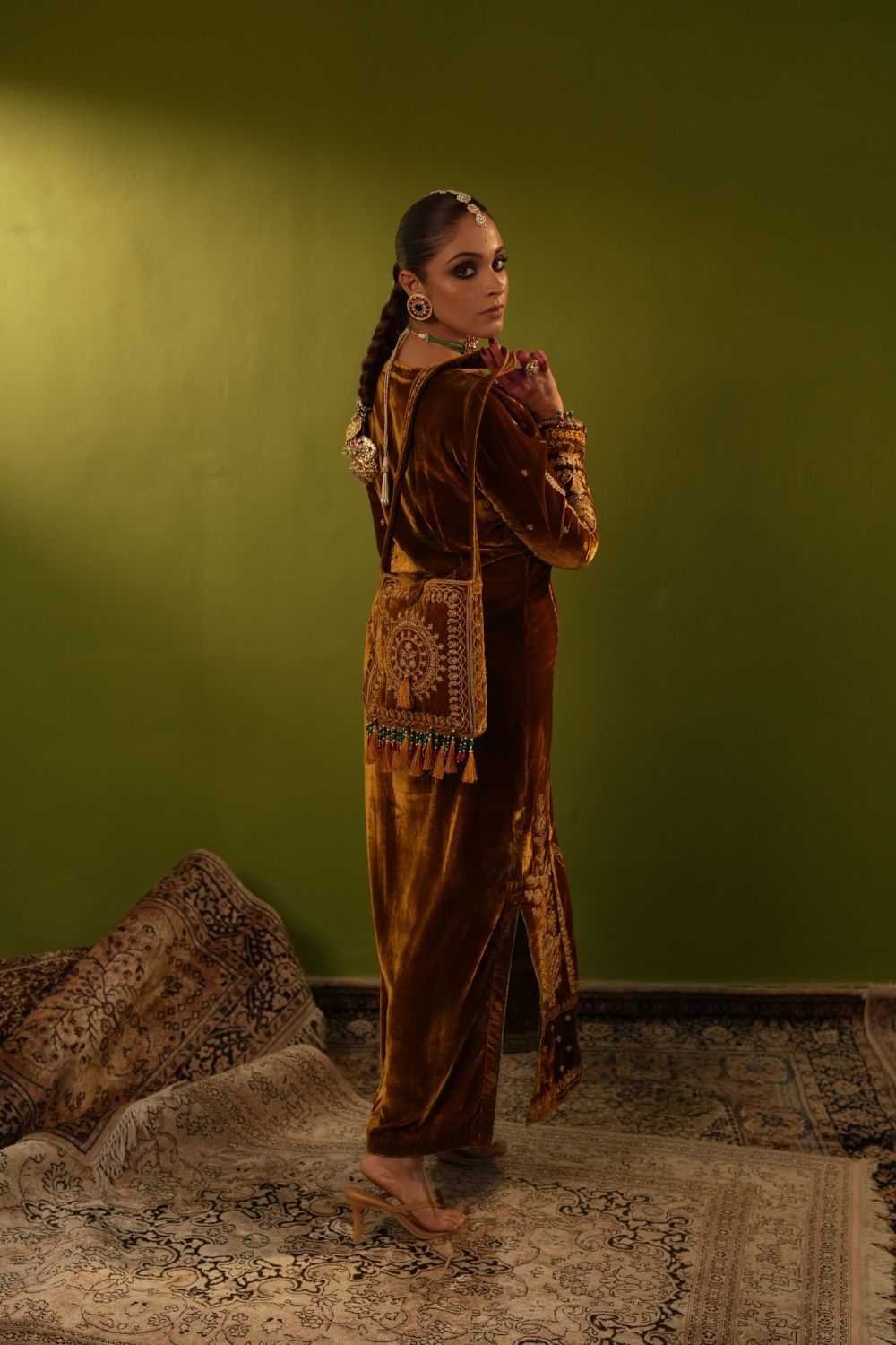 Yellow Velvet Kaftan Set