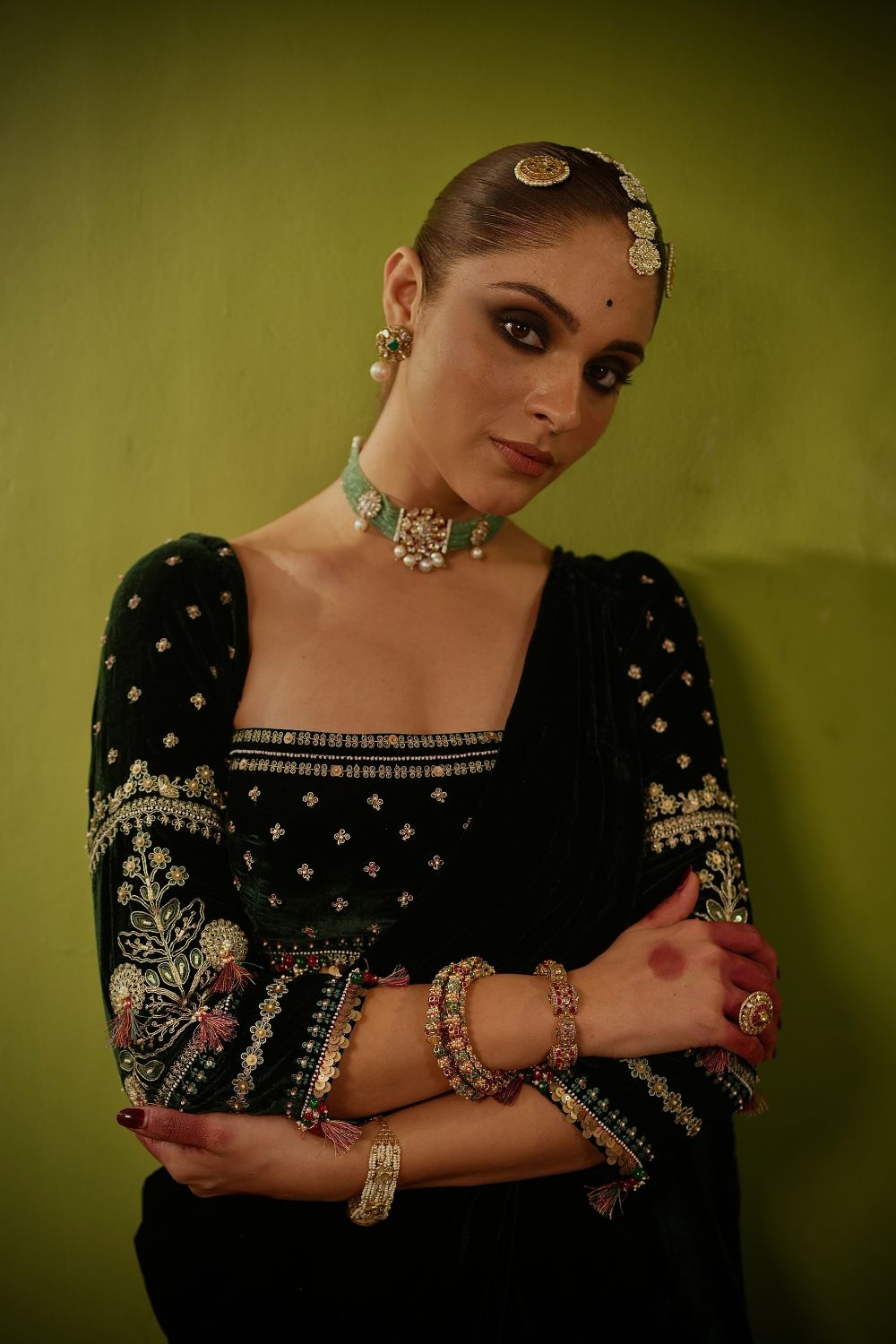 Rich Green Velvet Saree Set
